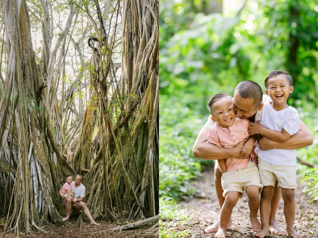 portrait of dad and sons in a hawaii rain forest on the north shore of oahu
