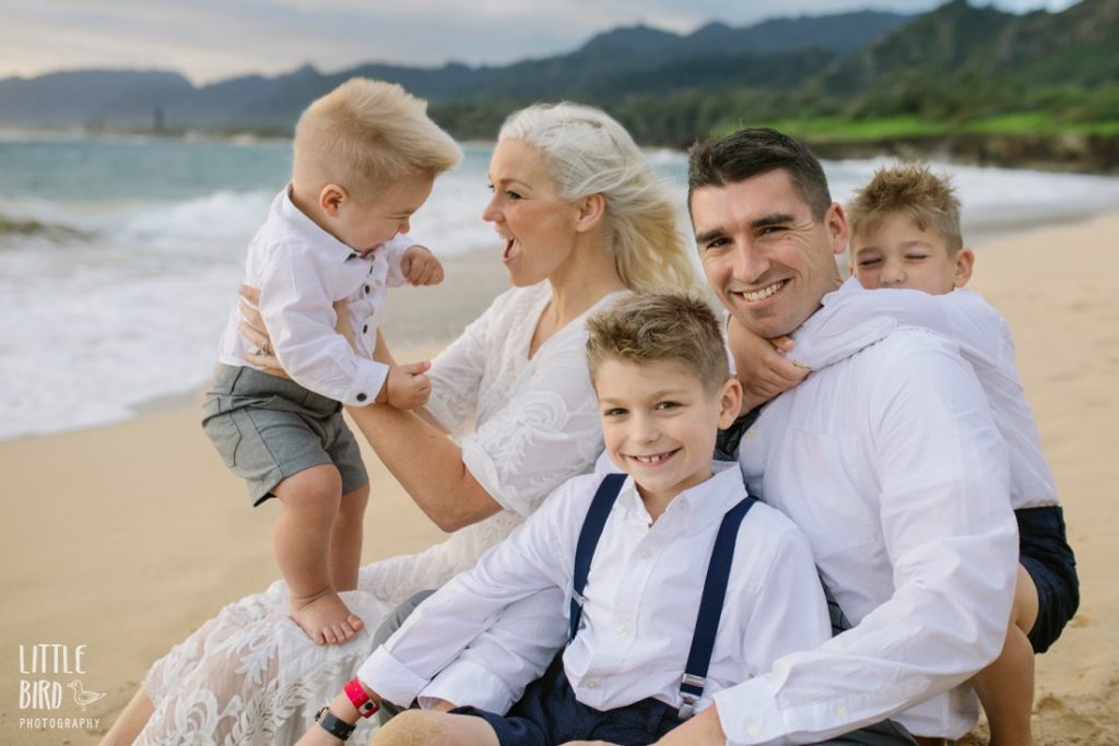 family portrait on the beach in oahu