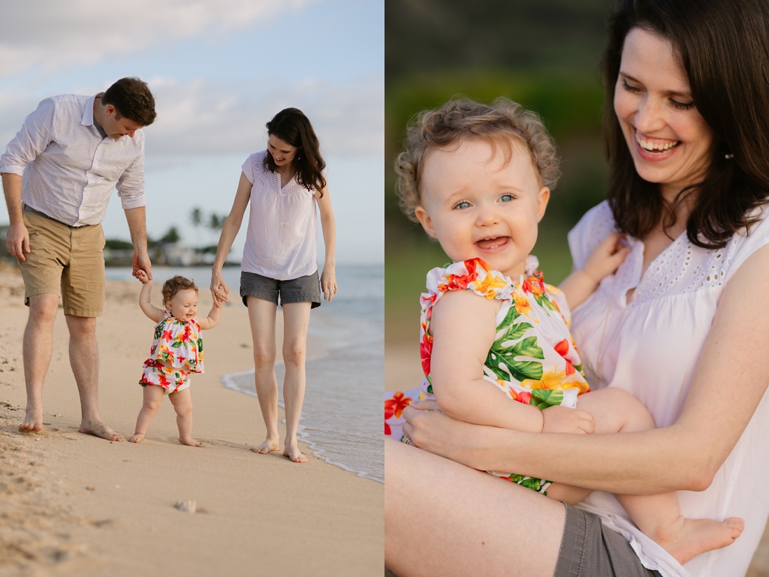 a family of three plays at kualoa beach park in oahu